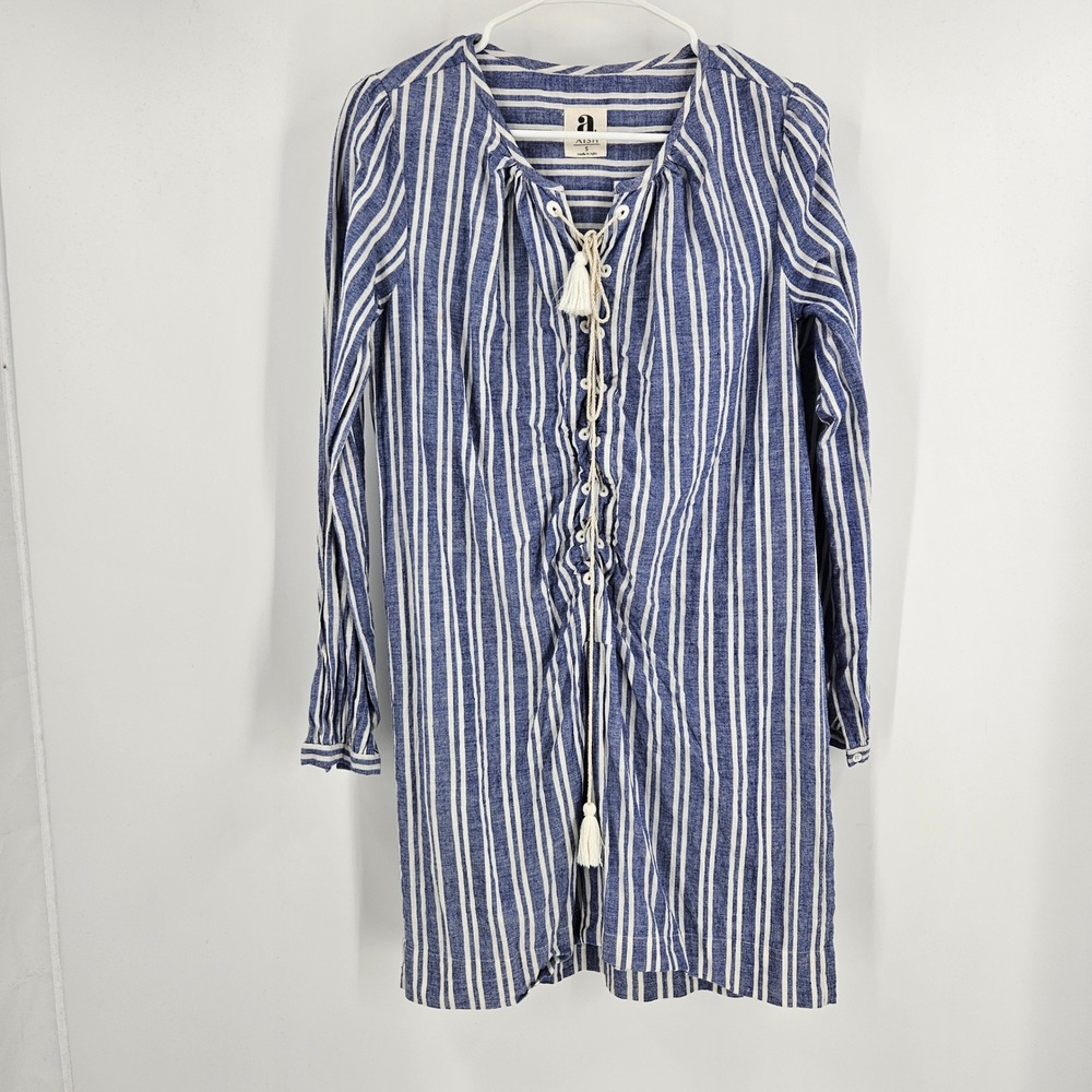 AISH Tunic Shirt Dress Blue White Striped Tie Neck Tassel Cotton Long Sleeve S